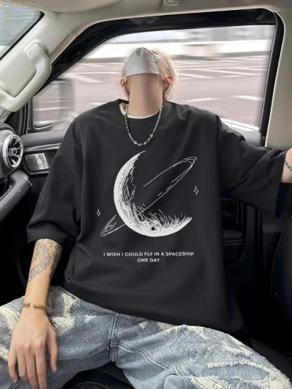 Baskılı Oversize Bisiklet Yaka T-shirt - Siyah resmi
